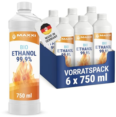 Maxxi Clean | 6X 750 ml Bioethanol für Tischkamine | Made in Germany | geruchsneutral und rußfrei bei Indoor,- und Outdoor Ethanol-Kaminen | geeignet für Raum,- und Gartenfeuer mit Alkohol-Kamin