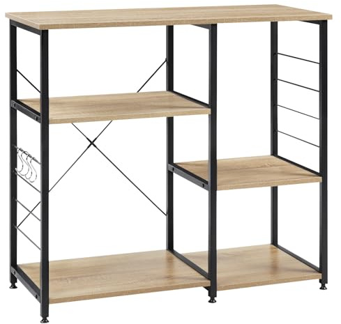WOLTU Küchenregal mit 5 Ablagen, Standregal mit 4 Haken, Küche Bäckerregale Mikrowellenhalter aus Holz und Stahl, 90 x 40 x 83,5 cm, Schwarz + Hell Eiche
