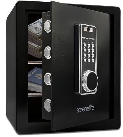 SereneLife Tresor 39L Elekr. Safe mit Zahlenschloss und Schlüssel, Stahlkonstruktion mit Alarmfunktion für Dokumente Schmuck Bargeld, Zuhause Büro 38x32x45 cm (B x T x H), Schwarz