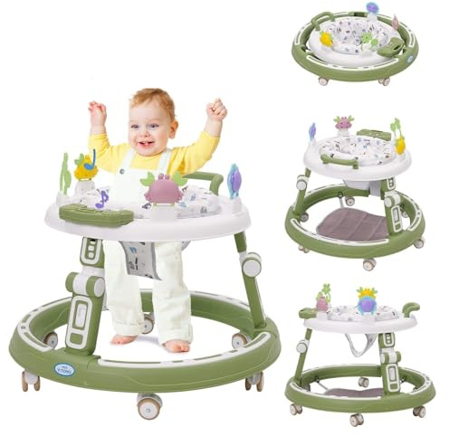 Multifunktionale Lauflernhilfe mit Musikspielzeug, Fußstütze, 360-Grad-Stummschaltung, 6 Räder, 360° Rotating Seat Baby Lauflernhilfen, zur Faltbar, für Babys ab 0+ Geeignet,Grün