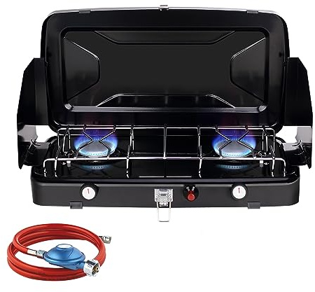 Camplux JK-8620-DE Campingkocher 2-Flammig, Kompakter Camping Gaskocher mit Deckel, Tragbarer Gasherd Outdoor, 50mbar, 2400 Watt, LPG