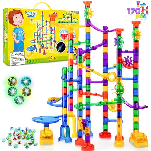 JOYIN 170 Stück Mehrfarbige Murmelbahn Marble Run Set mit 120 Kunststoffteile 50 Glasmurmeln, Bausteine, Kugelbahn Lernspielzeug, Bausteinspielzeug, Konstruktionspielzeug für Kinder