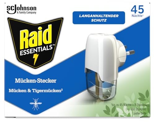 Raid Essentials Mückenstecker 45 Nächte, Elektrischer Insekten-Schutz vor Mücken & Tigermücken, mit pflanzlichen Wirkstoffen, geruchsneutral, 1er Pack (1 x 32 ml)