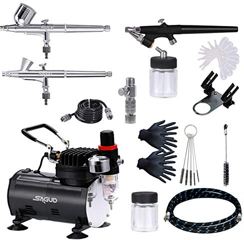 Sagud Airbrush Set mit Kompressor, Airbrushpistole Double Action Airbrush mit inklusive 3 Airbrushes 0,2 mm 0,3 mm 0,8 mm Düse und Nadel für Hobby, Modellbau, Nägel, Profi Starter Set