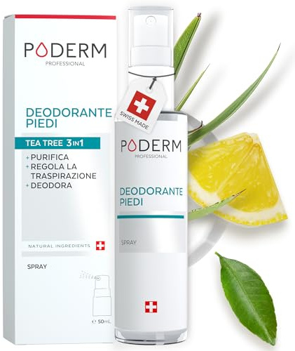 PODERM Deo Spray gegen Gerüche - 50 ML | Teebaum, Minze & Zitrone | Hilft die Schweißbildung zu Regulieren und Frisches Gefühl | Schnell & Einfach | Entwickelt von einer Podologin in der Schweiz