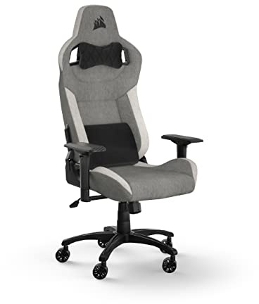 Corsair T3 RUSH Fabric (2023) Gaming-Stuhl - Grau und Weiß | Inspiriert vom Automobilsport, Bezug aus weichem Stoff, Abnehmbares Nackenkissen und Lendenwirbelstütze aus Memory-Schaum
