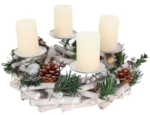 Mendler Adventskranz HWC-M12 Ø 30cm Holz silber weiß - mit Kerzen | Adventsgesteck, Tischkranz, Weihnachtsdeko, Tischdeko