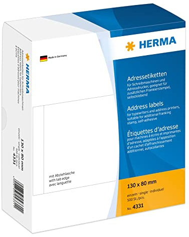 HERMA 4331 Adressetiketten für Schreibmaschinen, 130 x 80 mm, 500 Stück, selbstklebend, matt, einzeln, blanko Papier Adressaufkleber Klebeetiketten Aufkleber, weiß