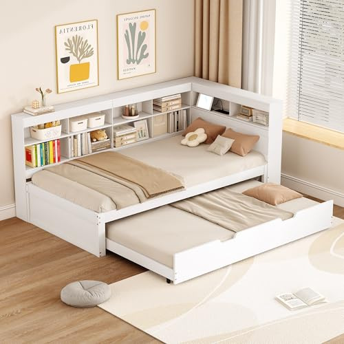 xixiworkshop Ausziehbett 90x200cm Bunk Bett mit Stauraum und Mehreren Ablagefächern Gästebett Doppelbett mit Stauschrank/Lattenrost/Einzelbett, Ohne Matratze, Weiß