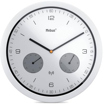 Mebus Funk-Wanduhr mit Thermometer und Hygrometer/Kunststoff/Rund/Modell: 52826 / Farbe: Weiß