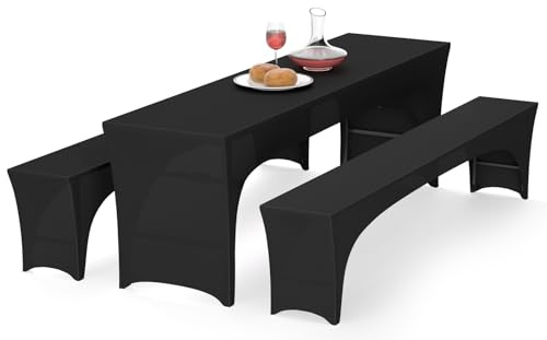 Alishomtll 3er-Set Elastisch Biertischhussen, Stretch Bierzeltgarnitur für 50cm Tischbreite, Bierbankhussen Bankgarnitur für Biertisch und Bierbank Bankett Gartenmöbel-Bezüge, 220x50cm Schwarz