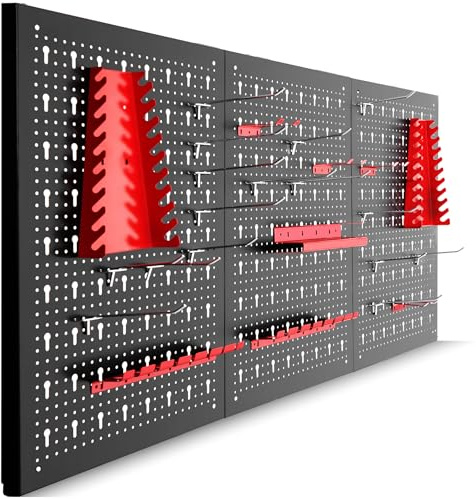 tectake® Werkzeug Lochwand aus Metall, 120 x 60 x 2 cm, Werkzeugwand Lochplatte, inkl. Werkzeughalter Set Haken und Halterungen, Wandregal Regalsystem für Werkbank, Garage, Werkstatteinrichtung - 3tlg