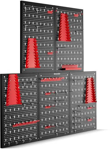 tectake® Werkzeug Lochwand aus Metall, 200 x 60 x 2 cm, Werkzeugwand Lochplatte, inkl. Werkzeughalter Set Haken und Halterungen, Wandregal Regalsystem für Werkbank, Garage, Werkstatteinrichtung - 5tlg