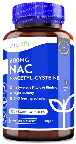 Nutravita NAC Kapseln - N-Acetyl-Cystein 600 mg - 150 Vegane NAC Kapseln Hochdosiert - 5 Monate Versorgung - N Acetyl Cystein Aminosäuren - Keine synthetischen Füllstoffe & Bindemittel