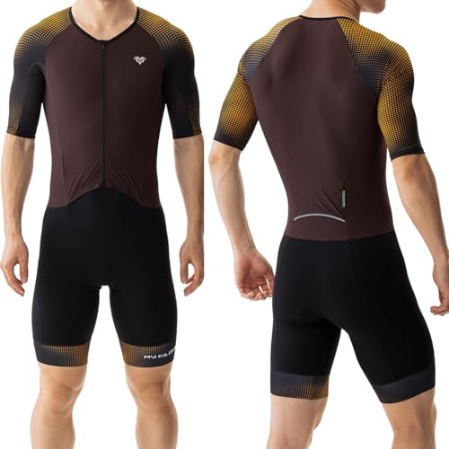 MY KILOMETRE Herren Triathlon Anzug – Einteiler Kurzarm Trisuit Schnelltrocknend Atmungsaktiv mit Rückentasche für Rennen und Training