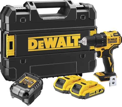 DEWALT18 Volt 2-Gang Akku-Bohrschrauber (bürstenloser Motor, Vollmetallgetriebe,15-stufiges Drehmomentmodul, 13 mm Schnellspann-Bohrfutter, 2x 2 Ah Li-Ion Akkus, Ladegerät, LED-Leuchte), DCD708D2T-QW