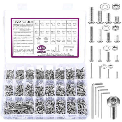 1430 STK M2 M3 M4 M5 Schrauben Set, Silbrig Innensechskantschrauben Muttern Set mit Unterlegscheiben Set, Gewindeschrauben mit Muttern, Linsenkopfschrauben und Muttern, Fahrrad Schrauben Set