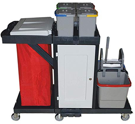 Wisch-Star Kunststoff Putzwagen mit Presse, Eimer & Müllsackhalterung | 2 x 20L Eimer, 4 x 8L Eimer, verschließbares Fach, Müllsackhalterung, ideal für die professionelle Reinigung in Betrieben