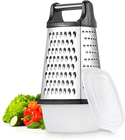 TELANKS Vierkantreibe Edelstahl, Grater Kitchen, 4-seitige Reibe mit Behälter, Reibe für Gemüse, Käsereibe, Küchenreibe, 4 unentbehrliche Küchenfunktionen für Grobes, Mittleres, Feines und Hobeln