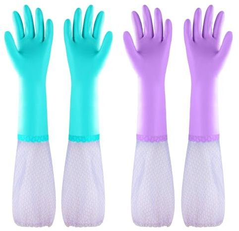 Elgood 2 Paar Wiederverwendbare Haushaltshandschuhe, latexfreie, mit Baumwolle gefütterte Putzhandschuhe, Gummihandschuhe für Küche, Geschirrspülen, Reinigen (Lila + Blau, Langarm, Größe M)