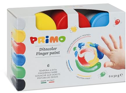 PRIMO – Malkoffer für Kinder ab 2 Jahren, Kleinkindalter, Fingermalfarben 50 g mit 6 Farben für Papier, Glas, Temperamalerei, Schreibwaren und Kreative Arbeiten, Dermatologisch Getestet