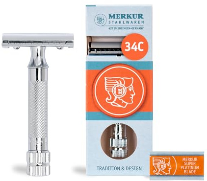 MERKUR Rasierhobel 34C | Kompaktgriff Glanzchrom | Zweiteiliger Rasierer mit geradem Schnitt | Geschlossener Kamm | Ideal zur Nassrasur | Zinkdruckguss | Schweres Griffstück | Made in Germany