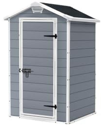 Keter Manor 4x3 Gartenhaus wetterfest, Kunststoff, Outdoor, Außenmaße: 128 x 94 x 196cm, Innenmaße: 111 x 88 x 193 cm, auch für kleine Gärten geeignet, grau