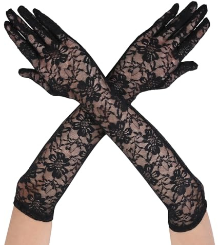 Telooco Hochzeit Spitzenhandschuhe Lange Spitze Handschuhe Damen Ellenbogen Braut Fingerhandschuhe Blumenkostüm Handschuhe Stretch Tee Partyhandschuhe Tanzhandschuhe 1920er Jahre Kostüm (Schwarz)