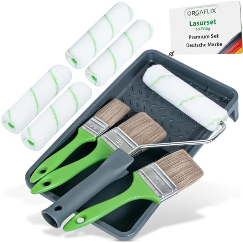 ORGAFLIX Profi Lasur Farbroller-Set 10-TLG. für Holzschutz, Lasuren, Öl, Beize und DIY Projekte, Farbwanne 15x30cm, 3X Lasurpinsel 70cm, 50cm, 30cm, 5X Farbwalzen 10cm für lasuren mit 1x Steckbügel