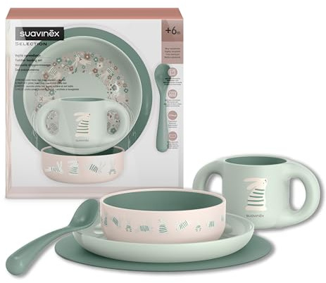Suavinex, Kindergeschirr Set, Baby-Essensset Mit Platzset Rutschfest + Teller + Schale + Tasse + Löffel. Spülmaschinenfest, Mikrowellengeeignet. Für Babys ab 6 Monaten. weiß Grün