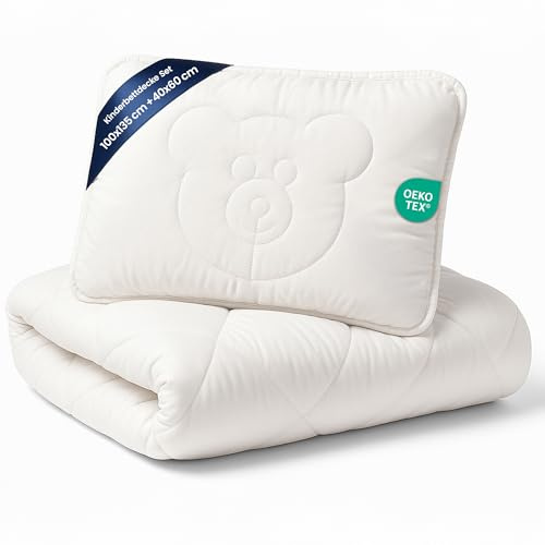 Baby Bettdecke und Kissen Kinderdecke 100x135 cm - Kinderbettdecke Kinder Bettdecken Set und Decke für Kleinkind Babybett Mikrofaser Weiß Oeko-Tex-Zertifikat 100 x 135
