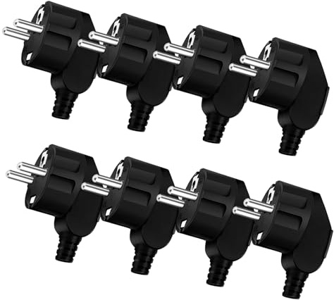ZHIQIN Schuko Stecker 8 Stück Schukostecker Stromstecker 250v/16A Schutzkontaktstecker Bruchfest Langlebig mit Knickschutztülle Winkelstecker Aussen Wasserdicht Gummistecker für 7-11mm Kabel (Schwarz)