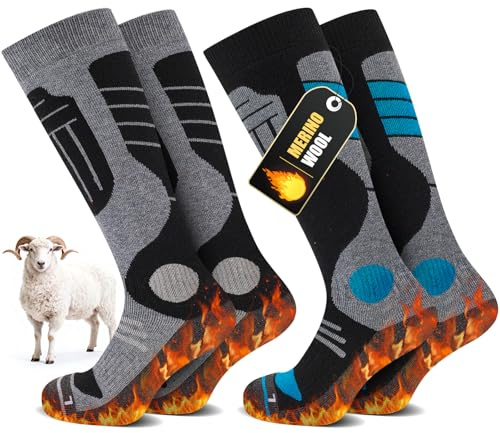 SukModen Merino Skisocken Damen Herren, 2 Paar, Thermo Winter | 30% Merinowolle mit Polsterung und Fußgewölbestütze; warme Wintersocken für kaltes Wetter, Schnee und Snowboarden.