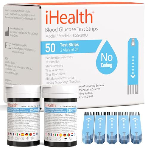 iHealth Blutzucker-Teststreifen (50 Stück), Blutzuckertest, Präzisionszuckermessung für Diabetiker, Streifen funktionieren nur mit iHealth Blutzuckermessgeräten