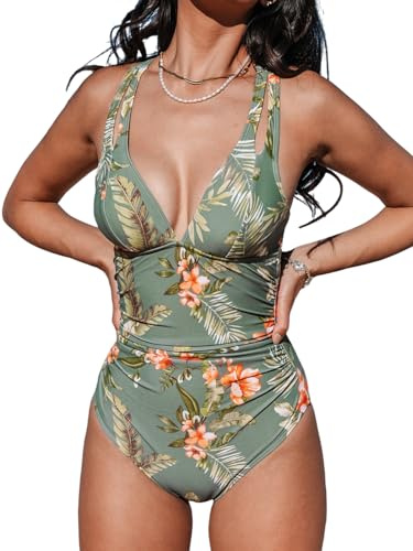 CUPSHE Damen Badeanzug V Ausschnitt Bauchweg Cutouts Doppelte Träger Überkreuzte Rückenbindung Blumenmuster Einteilige Bademode Swimsuit Olivgrün/Tropisch M