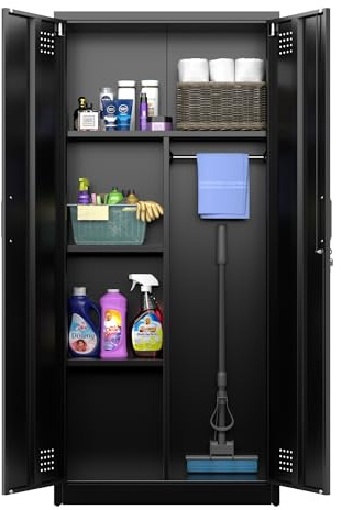 SUPEER Besenschrank mit Belüftung & Magnetverschluss,Mehrzweckschrank,Stabiler Stahlschrank für Staubsauger, Putzmittel, Wäsche und Haushaltszubehör|70x30x165 cm|schwarz