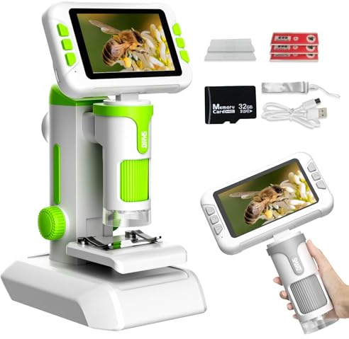 PYRODUM 4,0 IPS Digital Mikroskop 1600X, 1080P Tragbares Handmikroskop mit Foto- und Videoaufzeichnung, 32 GB, LED-Licht, Objektträgerproben, Wiederaufladbar USB-Mikroskop für Kinder/Erwachsene Grün