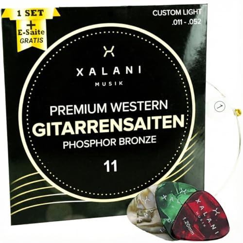 XALANI Gitarrensaiten Westerngitarre 011 I Bonus: 1 hohe E-Saite und 3 Plektren I Phosphor Bronze Saiten Set für Akustikgitarre
