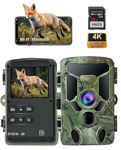 HAZA 4K WLAN Wildkamera mit App 60MP HD Wildtierkamera mit 940nm Nachtsicht Bewegungsmelder WiFi Jagdkamera mit SD Karte,120°Weitwinkel,0.1s Trigger,IP66 für Wildüberwachung/Deer Scouting (4K)