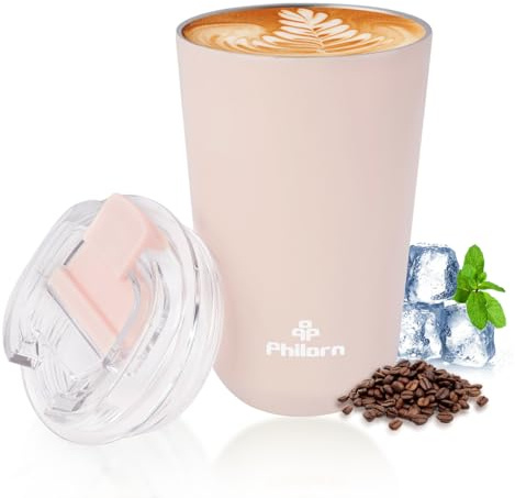 Philorn Thermobecher Kaffee to go Becher 13oz/380ml Kaffeebecher to go | mit Deckel, Auslaufsicher Coffee to-go Becher Thermo aus Edelstahl, Wiederverwendbar Kaffee Thermobecher (Rosa-380ml)