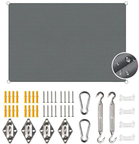 Sonnensegel 3x4m Wasserdicht Mit Ösen, Rechteck Mit Befestigung Set, Wetterbeständig Atmungsaktiv UV Schutz für Garten Terrasse Balkon (Grau-3MX4M)