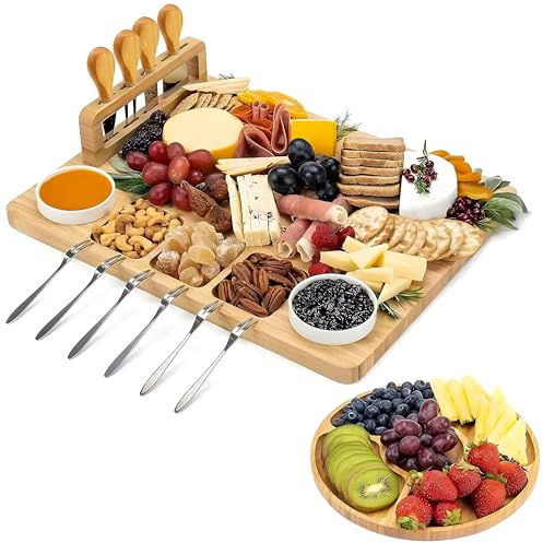 Kicinn Bambus-Käsebrett-Set Mit Messern & Gabeln – Charcuterie-Brett Aus Holz Mit Extra Serviertablett | Servierplatte Für Tapas, Obst & Fleisch
