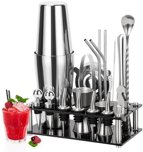 Cinnani Boston Cocktail Set 20-teilig-Professional Cocktail Mixing Set-Cocktail Shaker Set mit Ständer und Bar Zubehör-Cocktailshaker-Bartender Set-Cocktail Shaker Set Edelstahl-Cocktails Geschenkset