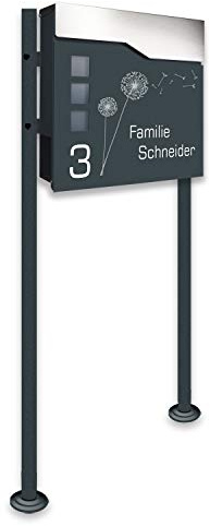 Zalafino Briefkasten incl. Standfuß freistehend in anthrazit - individualisierbarer Design-Briefkasten aus pulverbeschichtetem Stahl mit Zeitungsrolle, Sichtfeldern und Standfuß