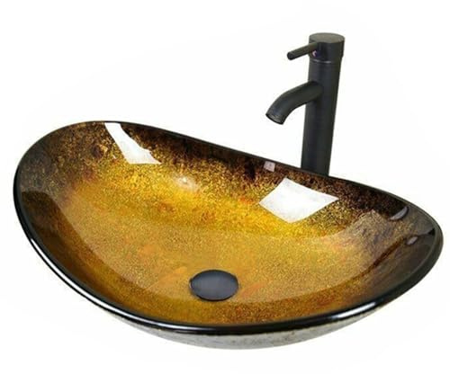 ZealWe Waschbecken Aufsatzwaschbecken Glas, Waschbecken Aufsatz Waschschale Oval für Badezimmer, Handwaschbecken Gäste WC 53 × 35 × 15 cm Waschtisch Waschplatz, Schwarz Gold