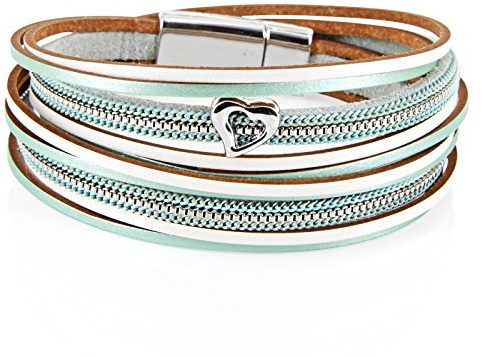 StarAppeal Armband Wickelarmband in Leder mit Herz, Kette und Magnetverschluss Silber, Damen Armband (Mint-Weiß)