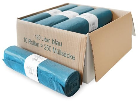 Müllsäcke, 250 St. extra starke blaue Müllbeutel, 120 l Fassungsvermögen, 700 x 1.100 mm, Typ 70 mit 42 my, besonders reißfest, ideal für Garten, Umzüge, Entrümpelungen & Haushalt, 10er Pack