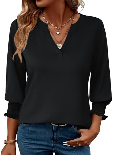 Rapbin Bluse Damen 3/4 arm Langerm V-Ausschnitt Tunika Sommer Tops Locker Shirt Elegant Lässig Oberteil 2026 (L, Schwarz)