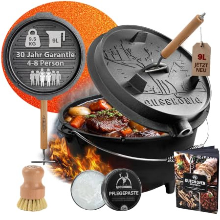 GUSSKÖNIG Premium Dutch Oven 9 Liter Set-2in1 Feuertopf Gusseisen mit Füßen | Eingebrannt, Thermometeröffnung, für 4-8 Personen, inkl. Deckelheber, Pflegepaste, Bürste, Rezeptbuch, 30J Garantie