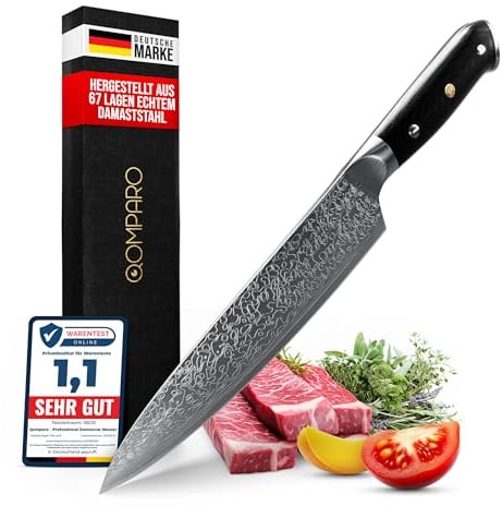 Qomparo Damastmesser Profi Kochmesser 20cm-Klinge, Handgeschmiedete Klinge, 67 Lagen Damaststahl | Japanisches Kochmesser Extrem Scharf, Ergonomischer G-10 Griff inkl Geschenkverpackung